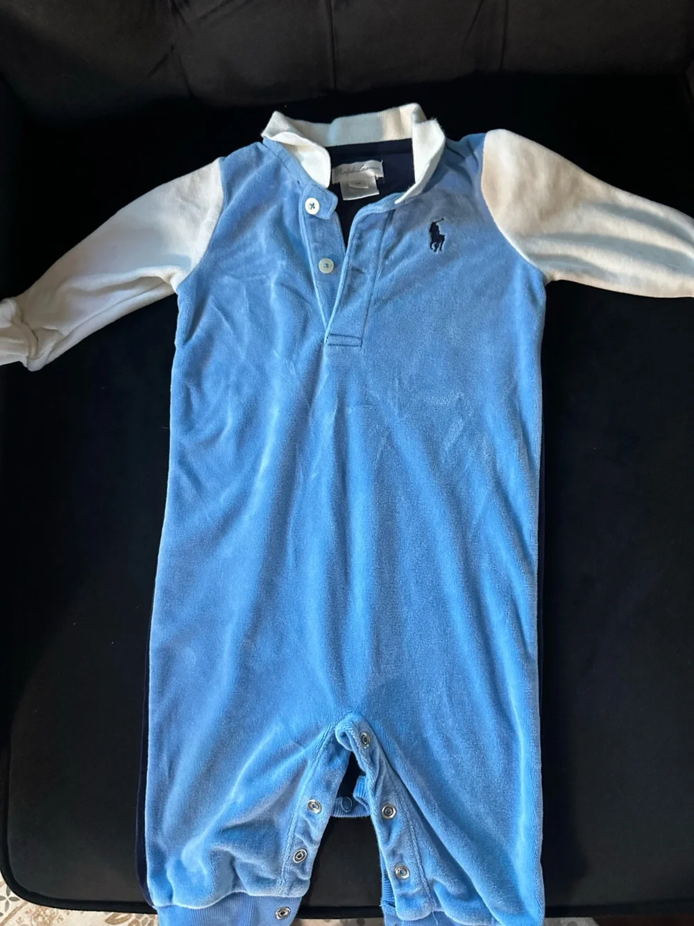 Ralph Lauren Blue Velour Infant One-Piece with White Sleeves